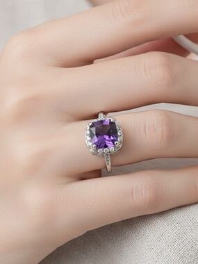 ✨ Regal Glamour 14K White Gold Plated Simulated Amethyst Halo Ring ✨